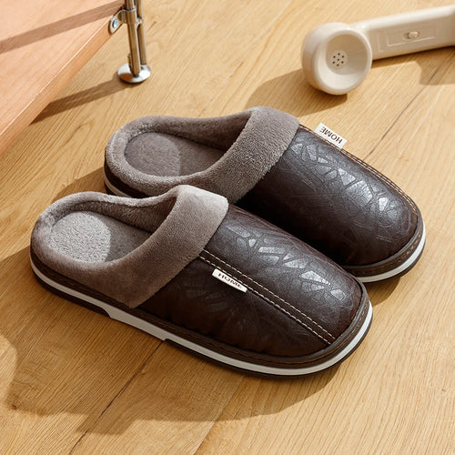 Cozy Men's Winter Slippers - Waterproof PU Leather Home Cotton Shoes with Fur for Ultimate Comfort
