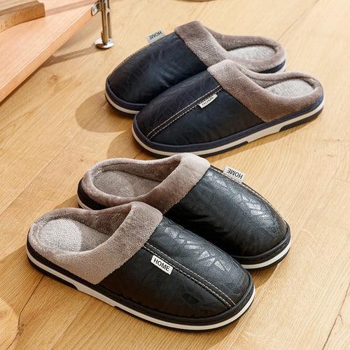 Cozy Men's Winter Slippers - Waterproof PU Leather Home Cotton Shoes with Fur for Ultimate Comfort